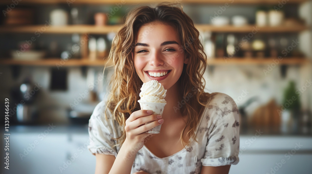 A beautiful woman enjoying a delicious ice cream treat in the kitchen, savoring her cheat meal while indulging in a sweet A beautiful woman enjoying a delicious ice cream treat in the kitchen, savoring her cheat meal while indulging in a sweet