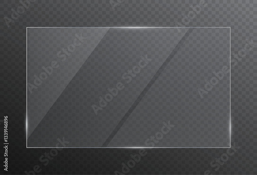 Glass plate on transparent background. Realistic screen glass, window mockup, clear glass showcase, glossy plastic glare frame, acrylic with glares and light, clear rectangular plate, plexiglas, 3d.