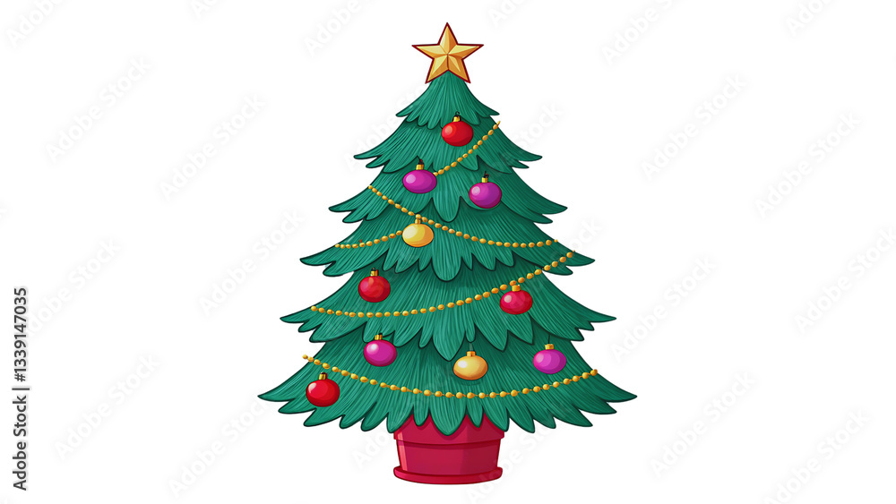 Festive Christmas Tree Illustration Decorated with Ornaments, Lights & Star Festive Christmas Tree Illustration Decorated with Ornaments, Lights & Star