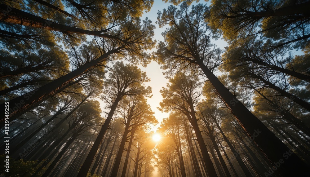 Fototapeta premium Sunrise through tall trees forest nature landscape early morning ground level tranquility