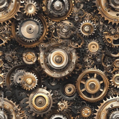 Pattern seamless of Intricate Arrangement of Vintage Gears and Cogs in Complex Mechanical Design