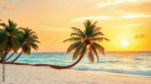 The image shows a serene beach scene at sunset. Palm trees frame the view as the sun dips below the horizon, casting a warm glow over the ocean. It creates a peaceful and tropical atmosphere.