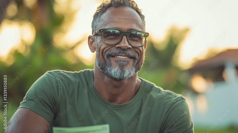 Joyful man smiling outdoors in a leisure setting captured in a warm sunset light highlighting positive vibes and social connection in a relaxed environment Joyful man smiling outdoors in a leisure setting captured in a warm sunset light highlighting positive vibes and social connection in a relaxed environment