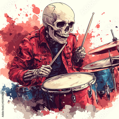 A skeleton drummer playing the drums with energy, surrounded by vibrant splashes of color. The skeleton is dressed in a red jacket, giving it a cool, rock-inspired vibe