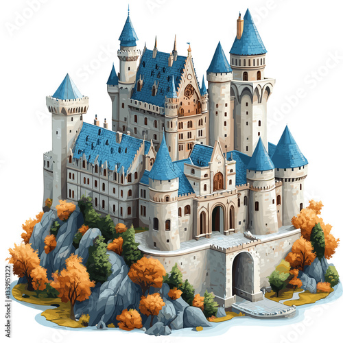 A detailed illustration of a beautiful, fairy-tale castle, set on rocky terrain with autumn trees around it, featuring blue rooftops and towering spires, evoking a magical, fantasy atmosphere