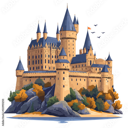 A majestic medieval castle perched on a rocky hill, surrounded by vibrant autumn foliage, complete with soaring towers, flags, and birds in flight. A fantastic fairytale scene