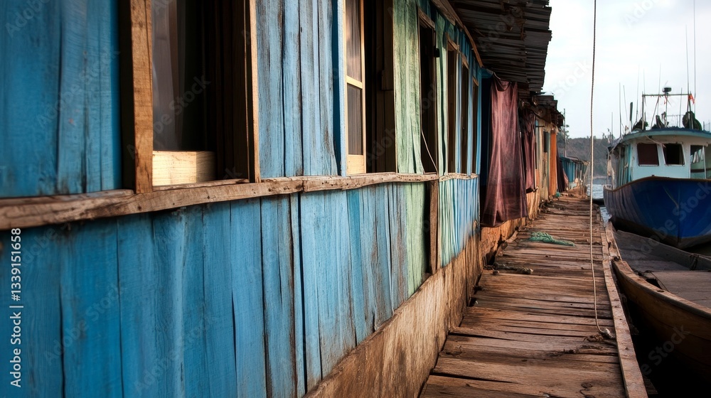 Colorful wooden houses lining a narrow walkway beside a calm harbor with fishing boats Colorful wooden houses lining a narrow walkway beside a calm harbor with fishing boats