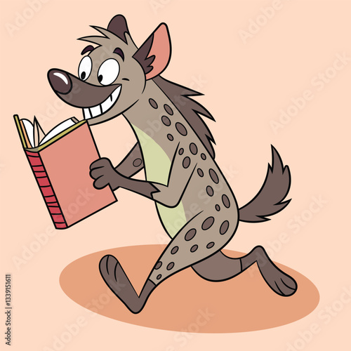 Cute clever hyena is running quickly and holding book of cartoon illustration