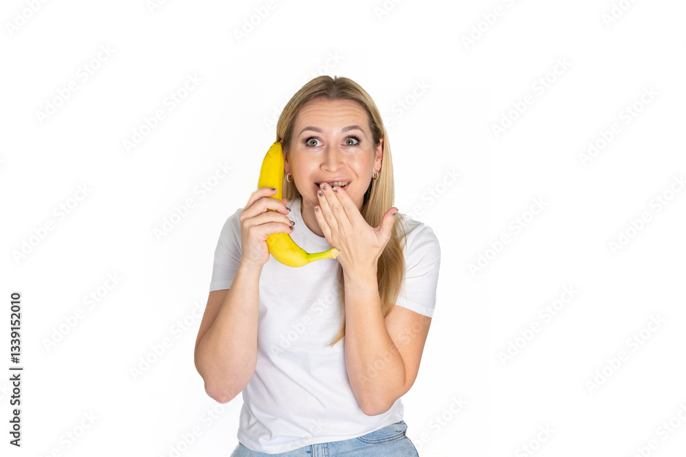Young blonde beautiful woman holding banana. Blond woman in white t-shirt hold bananas on white background Young blonde beautiful woman holding banana. Blond woman in white t-shirt hold bananas on white background