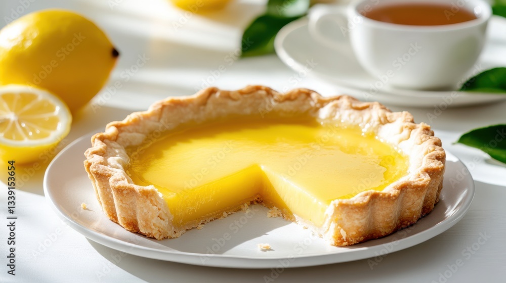 Delicious Lemon Pie Served on Elegant Plate Accompanied by Tea Cup Delicious Lemon Pie Served on Elegant Plate Accompanied by Tea Cup
