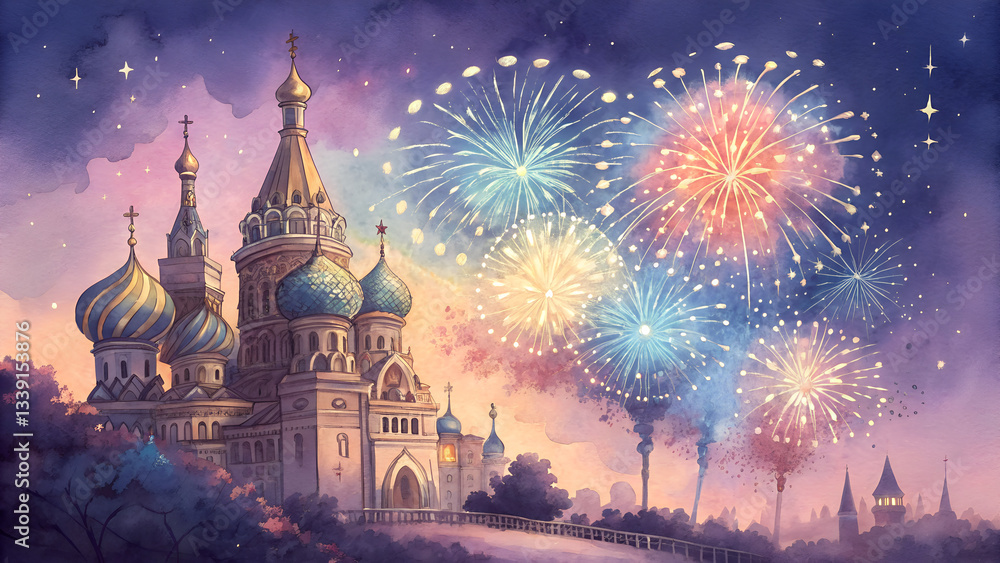 Obraz premium Fireworks watercolor background, soft radiant explosions in the night sky during Carnival, blending bright colors of purple, blue, and gold, evoking celebration and festivity with copy space 