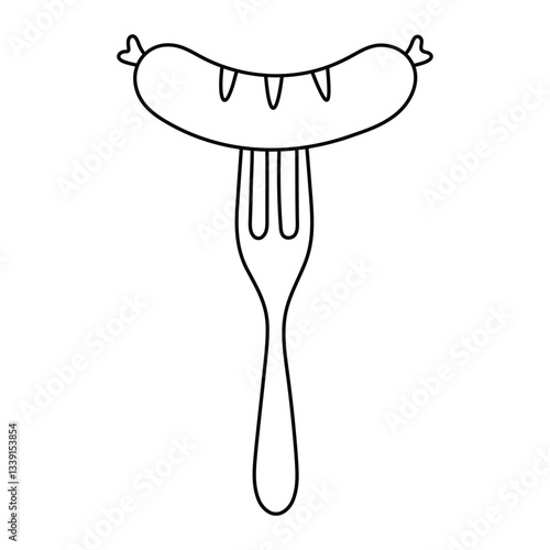 Grilled sausage on fork vector illustration. Hand-drawn BBQ food icon in doodle style. Black line art isolated on white background.