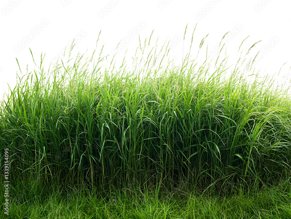 Obraz premium Lush green grass blades create a dense natural border against a stark white background evoking a sense of growth and summer.