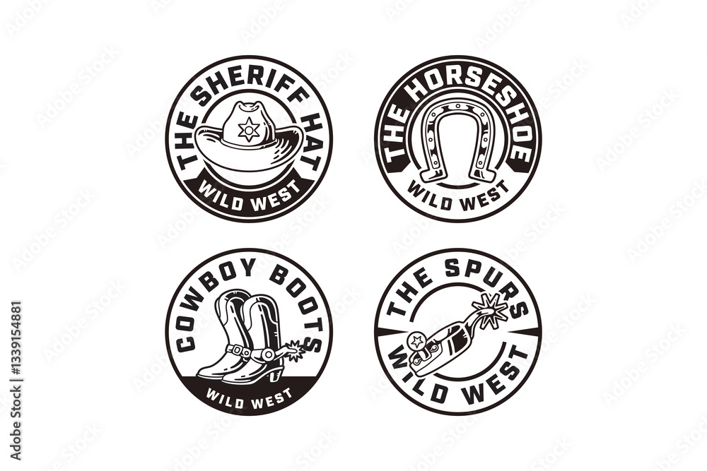 Obraz premium western cowboy hat, sheriff boot, horse riding spurs, horseshoe outline modern illustration circle badge logo design set for western, howdy, wild west, rodeo, adventure