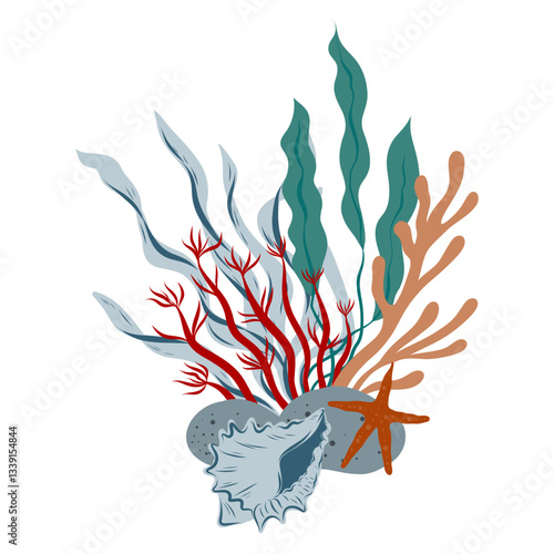 Underwater composition of coral reef, algae, seaweed and seashell. Hand drawn underwater elements. Art of nautical elements