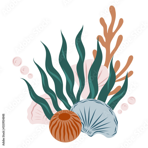 Composition of underwater life objects. Hand-drawn composition of marine shells, algae plants, coral

