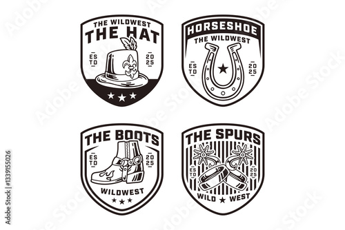 western sheriff hat, horseshoe, cowboy boot, horse riding spurs outline modern illustration shield badge logo design set for western, howdy, wild west, rodeo, adventure