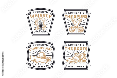 horseshoe, western sheriff hat, cowboy boot, horse riding spurs outline modern illustration polygon badge logo design set for western, howdy, wild west, rodeo, adventure