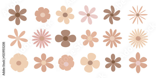 Set of brown flowers, collection of , flower heads, buds. Collection of abstract flowers in minimalist style.