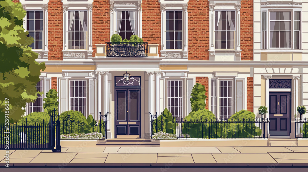 Detailed vector illustration of an elegant English townhouse, showcasing classic architectural features and intricate design elements Detailed vector illustration of an elegant English townhouse, showcasing classic architectural features and intricate design elements