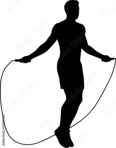 Young man jumping rope silhouette. Sportsman skipping with jump rope vector silhouette. Aerobic exercises, jump activity, health concept. Skipping Rope silhouette icon isolated on white background. 