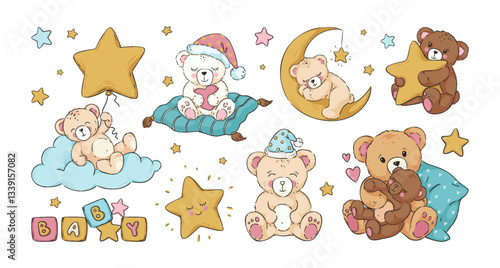 Cute bear. Baby shower for girl. Moon dream. Animals sweet sleep. Happy pink characters with nightcaps. Birthday star balloon. Plush toy on soft pillow or sky cloud. Vector cartoon set