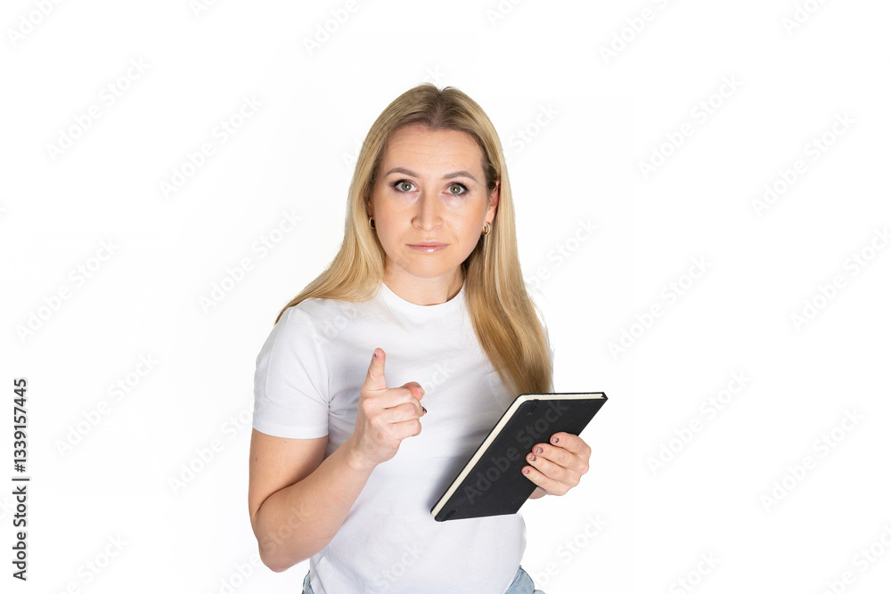 Young blonde business woman wear white shirt white t-shirt writing down in notebook diary remind memories make list dreams isolated on white background studio People lifestyle concept Young blonde business woman wear white shirt white t-shirt writing down in notebook diary remind memories make list dreams isolated on white background studio People lifestyle concept