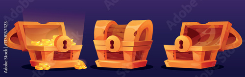 Open chest. 3d box, pirate gold or empty and full closed trunk. Wooden coffer with lock, magic light fantasy shine. Ancient trove. Golden coins. Medieval money isolated ui element. Vector icons
