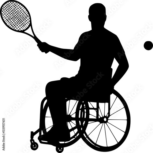 The silhouette of the wheelchair tennis player. Silhouette vector of disabled person in a wheelchair playing tennis. wheelchair tennis man silhouette. Vector illustration on a white background