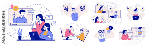 Online job interview. Work communication. HR recruitment. Resume at vacancy. Questions and answers for employee. Computer video conference. Persons talk at distance. Vector concepts set