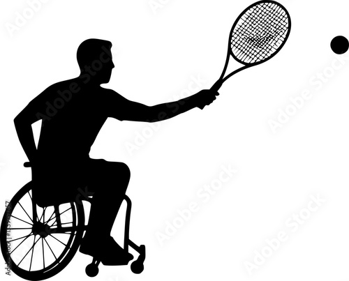The silhouette of the wheelchair tennis player. Silhouette vector of disabled person in a wheelchair playing tennis. wheelchair tennis man silhouette. Vector illustration on a white background