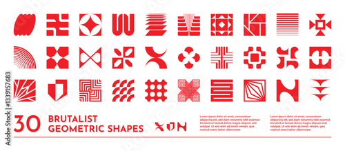 Abstract tech icons. Design logo shapes, modern graphic minimal red form symbol or brutal brand figure. Isolated decorative basic geometry. Simple contemporary silhouettes. Vector elements set