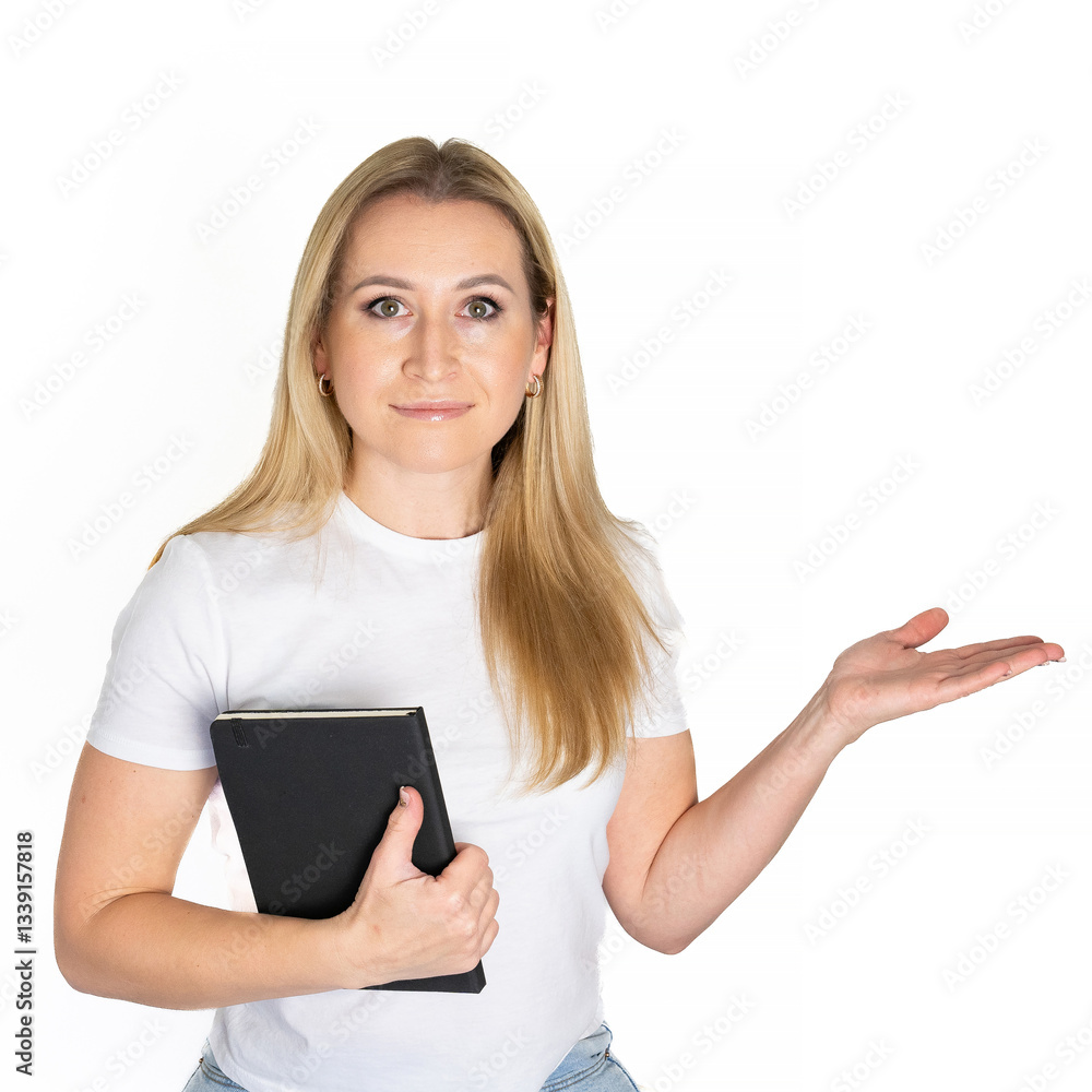 Young blonde business woman wear white shirt white t-shirt writing down in notebook diary remind memories make list dreams isolated on white background studio People lifestyle concept Young blonde business woman wear white shirt white t-shirt writing down in notebook diary remind memories make list dreams isolated on white background studio People lifestyle concept