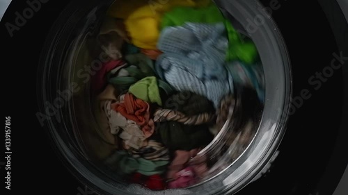 Colorful clothes are spinning inside washing machine drum