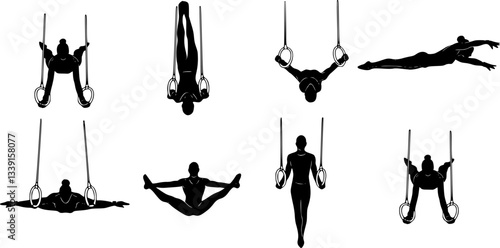 Hands at rings doing gymnastics silhouette. man holding a ring and doing gymnastics in an outdoor gym silhouette. A young athlete is doing a gymnastic exercise Vector on a white background.