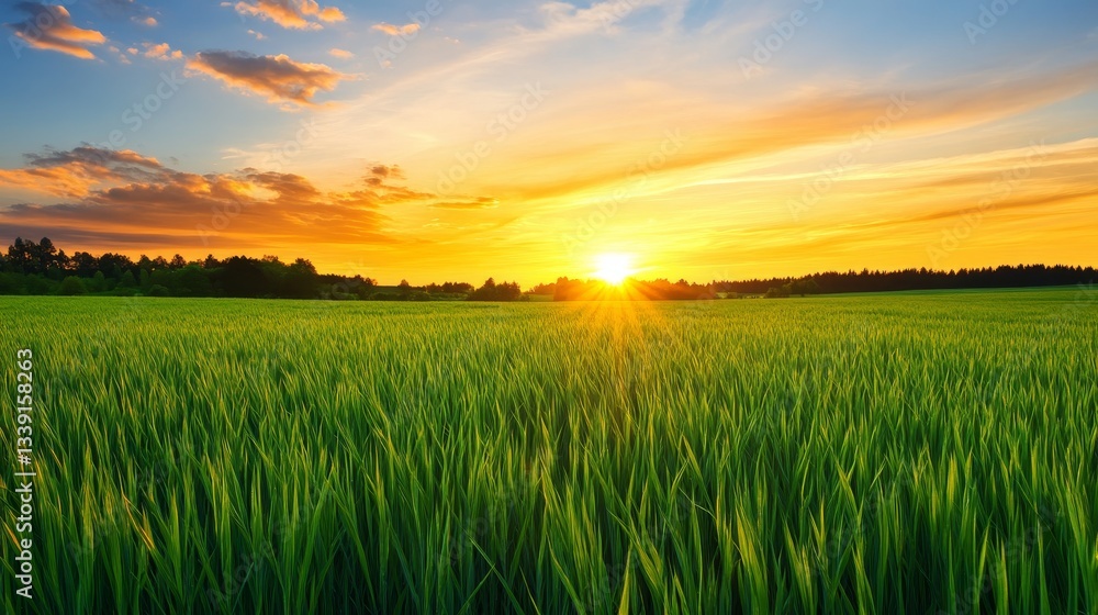 Vibrant sunset over a lush green field, highlighting nature's beauty and tranquility Vibrant sunset over a lush green field, highlighting nature's beauty and tranquility