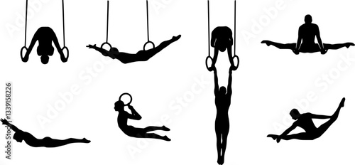 Hands at rings doing gymnastics silhouette. man holding a ring and doing gymnastics in an outdoor gym silhouette. A young athlete is doing a gymnastic exercise Vector on a white background.