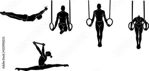Hands at rings doing gymnastics silhouette. man holding a ring and doing gymnastics in an outdoor gym silhouette. A young athlete is doing a gymnastic exercise Vector on a white background.