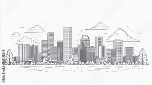 Highly detailed vector illustration of the Denver skyline in elegant line art style