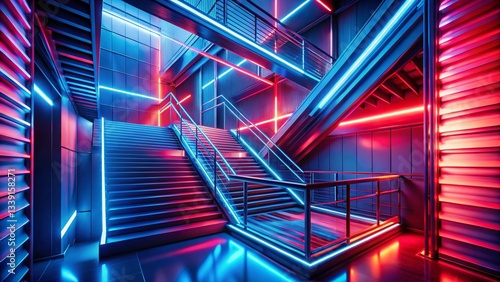 Abstract Neon Staircase: Red & Blue Aerial Photography