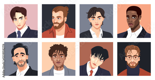 Man face. Serious african guy portrait, young men human head or asian human, black american office. Young businessmen in elegant suit various haircut. Cartoon flat isolated vector set