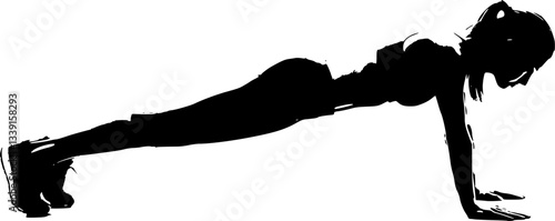 The woman is doing a plank exercise silhouette. Silhouette sequence of a Woman doing a push-up exercise. A silhouette illustration of a woman doing a plank. Vecton on a white background.