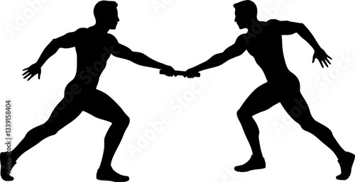 A man passing a relay baton to a teammate silhouette. Silhouette people passing relay baton. Passing Relay Baton Stock Illustrations. the silhouette is set isolated on a white background.