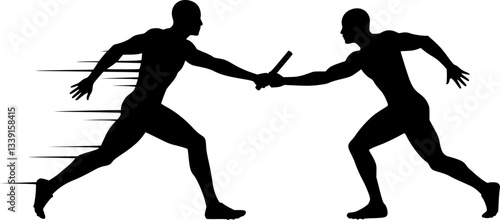 A man passing a relay baton to a teammate silhouette. Silhouette people passing relay baton. Passing Relay Baton Stock Illustrations. the silhouette is set isolated on a white background.