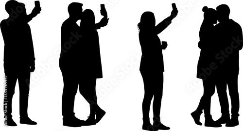 man and woman taking selfie silhouettes vector. Collection of silhouette group of people taking selfie in different poses vector. man and woman taking selfie through mobile phone. on white background