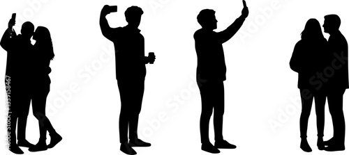 man and woman taking selfie silhouettes vector. 