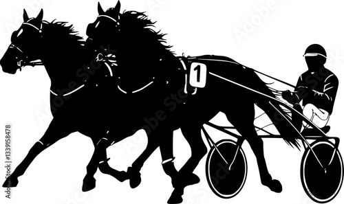Horse and jockey harness racing silhouette. Horse and jockey harness racing silhouette. Harness racing, horse pair carriage, marathon. The silhouettes are isolated on a white background.