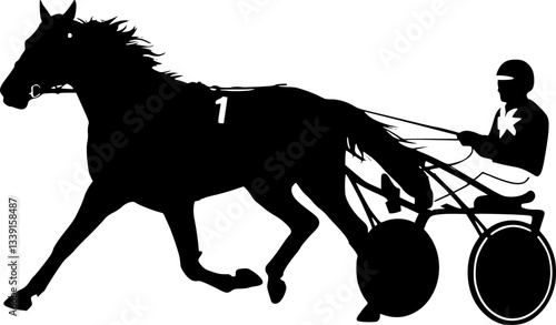 Horse and jockey harness racing silhouette. Horse and jockey harness racing silhouette. Harness racing, horse pair carriage, marathon. The silhouettes are isolated on a white background.