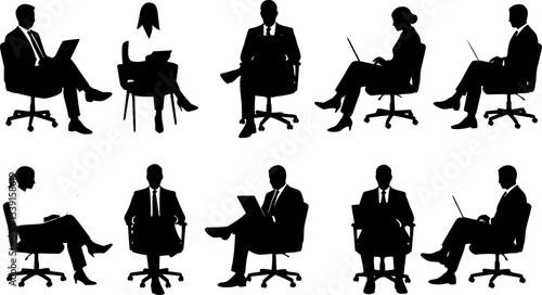 Vector set of business people sitting silhouettes. silhouette man sitting on armchair. men and women sit on armchair, office chair with laptop, tablet, front, side view. isolated on white background.