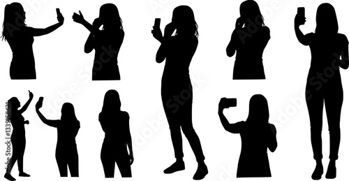 Woman taking selfie silhouettes set. silhouettes of people taking selfies. Woman taking selfie of holding and talking on mobile phone. Woman taking selfie with smartphone on white background.